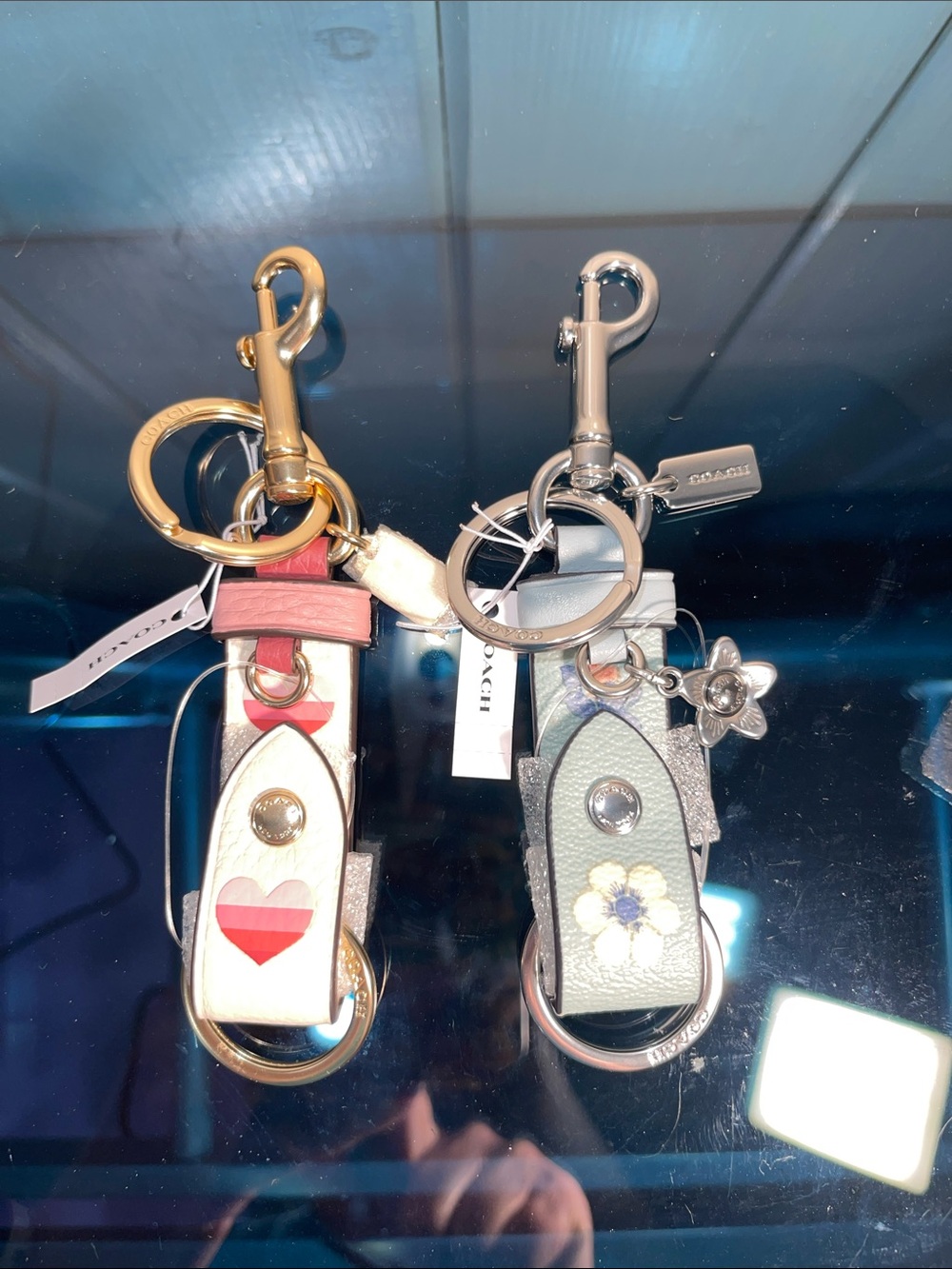 Coach Leather Heart & Floral Keychain Set - Pink & Blue Gold Silver Hardware NWT